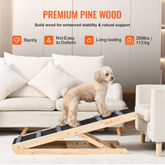 Folding wooden dog ramp with adjustable heights and non-slip surface for easy pet access.
