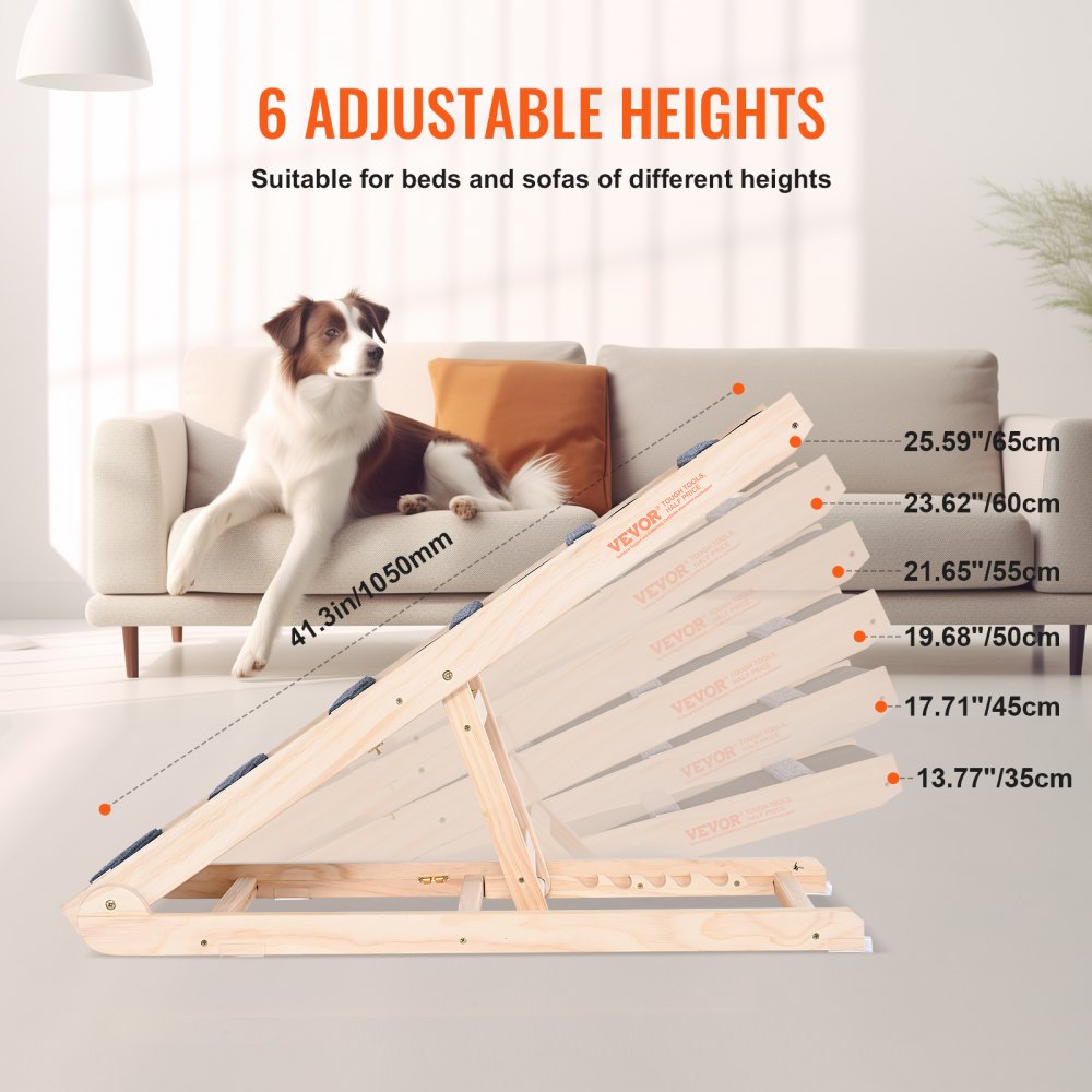 Folding wooden dog ramp with adjustable heights and non-slip surface for easy pet access.