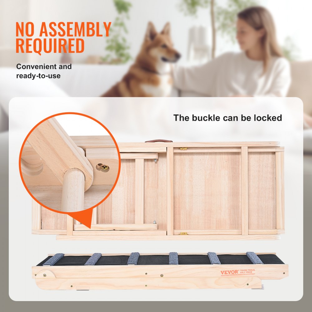 Bostome Wooden Dog Ramp with adjustable height, rubber carpet, and foldable design for pets.