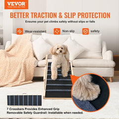 Small dog climbing a black and wood adjustable pet ramp on a white couch background.
