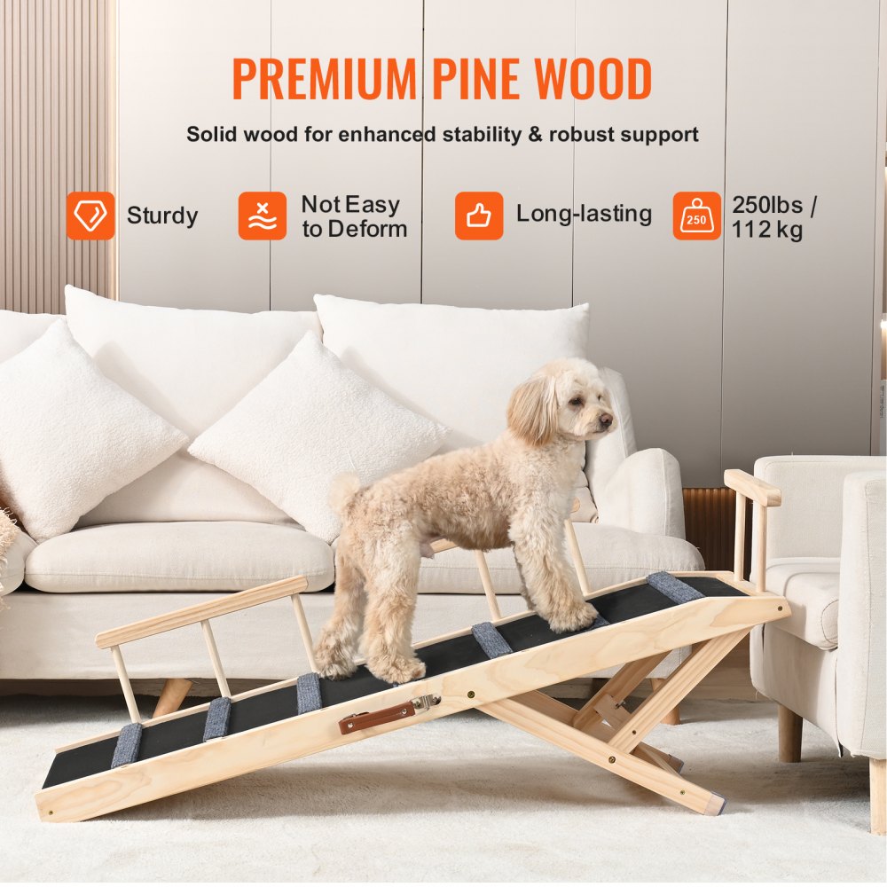 Wooden adjustable dog ramp with non-slip surface and crossbars for pet access to furniture.