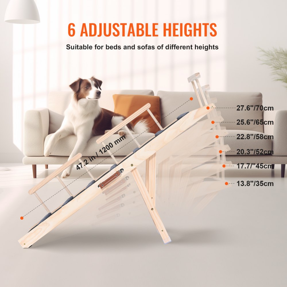 A brown dog climbs a wooden adjustable ramp with 6 height settings for beds and sofas.