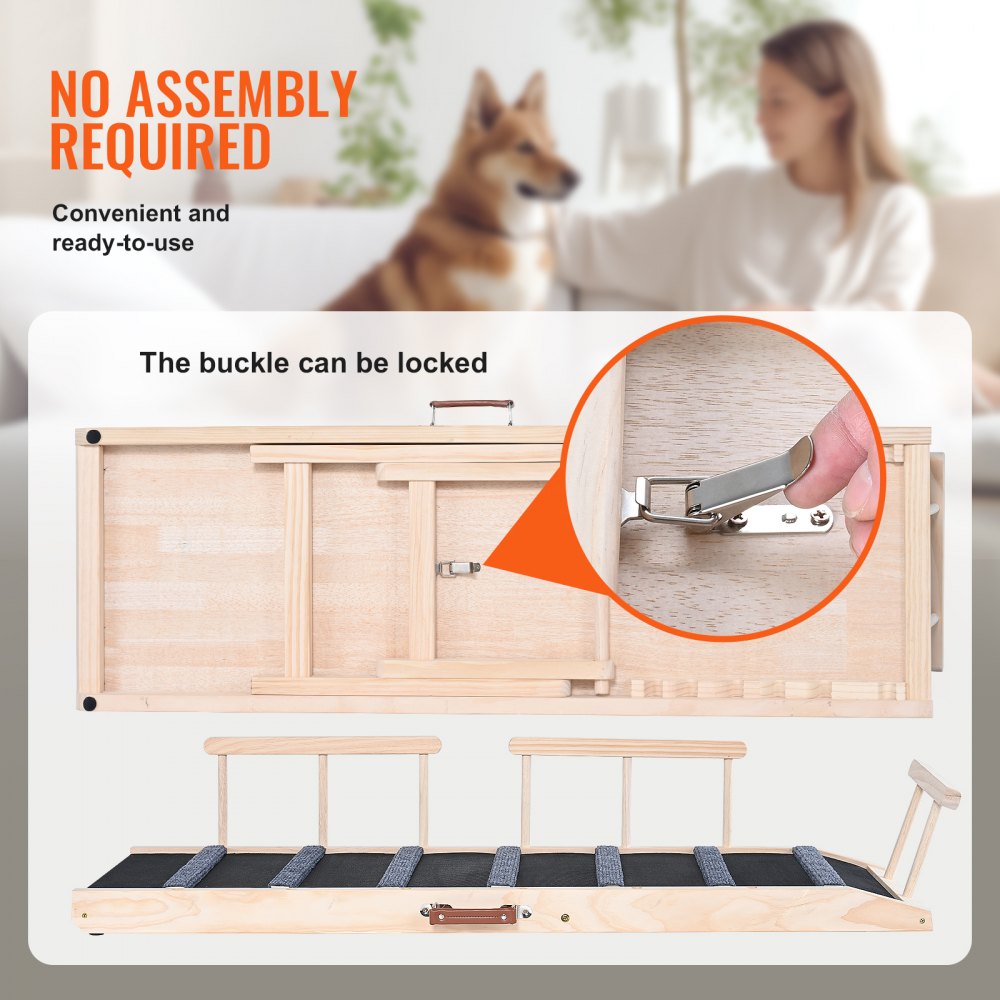 Folding wooden dog ramp with adjustable height, non-slip surface, and locking buckle, shown in use with a dog.