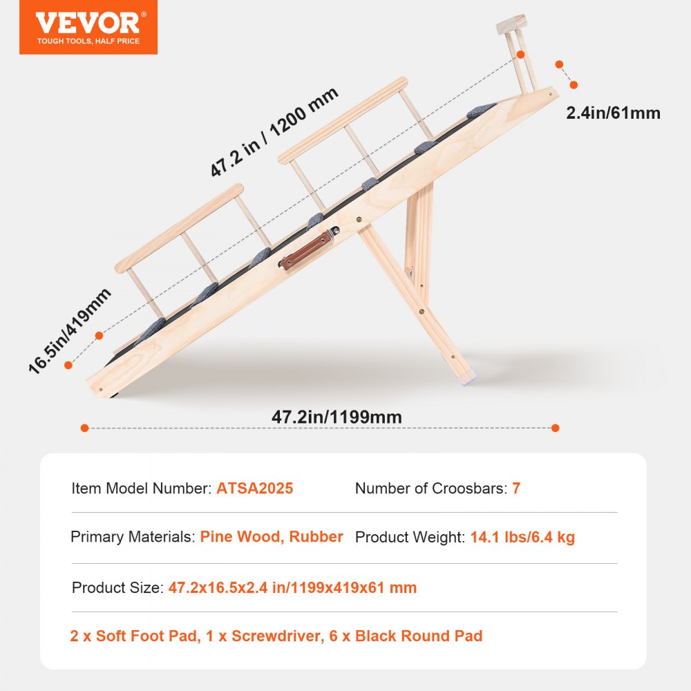 Adjustable wooden dog ramp with rubber surface and seven crossbars for stability and grip.