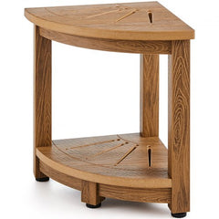 Bostome Corner Shower Bench in faux wood polystyrene with adjustable anti-slip foot pads.