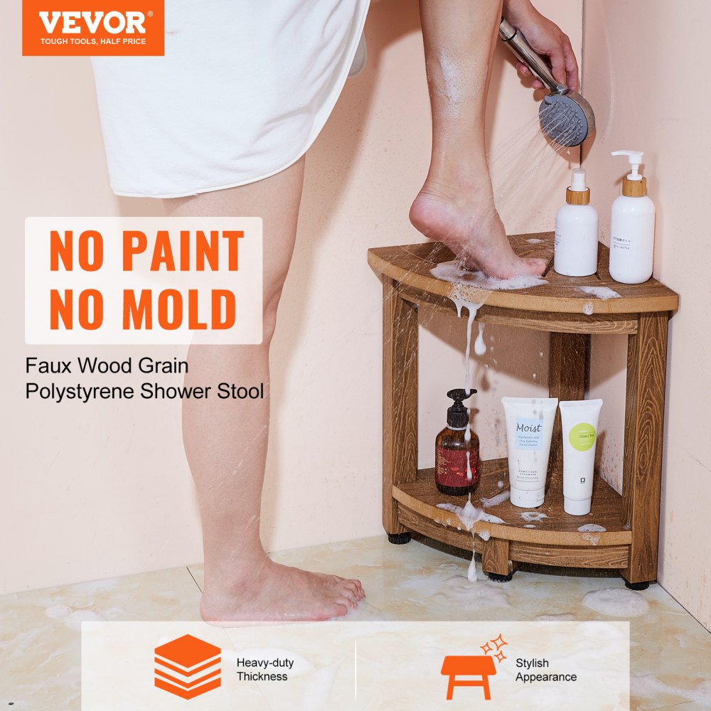 Bostome Corner Shower Bench in faux wood polystyrene with adjustable anti-slip foot pads.