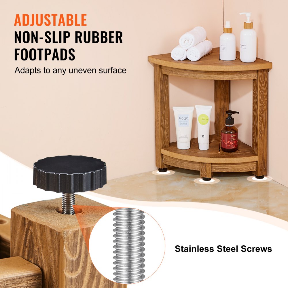 Bostome Corner Shower Bench in faux wood polystyrene with a built-in shelf and drainage holes.