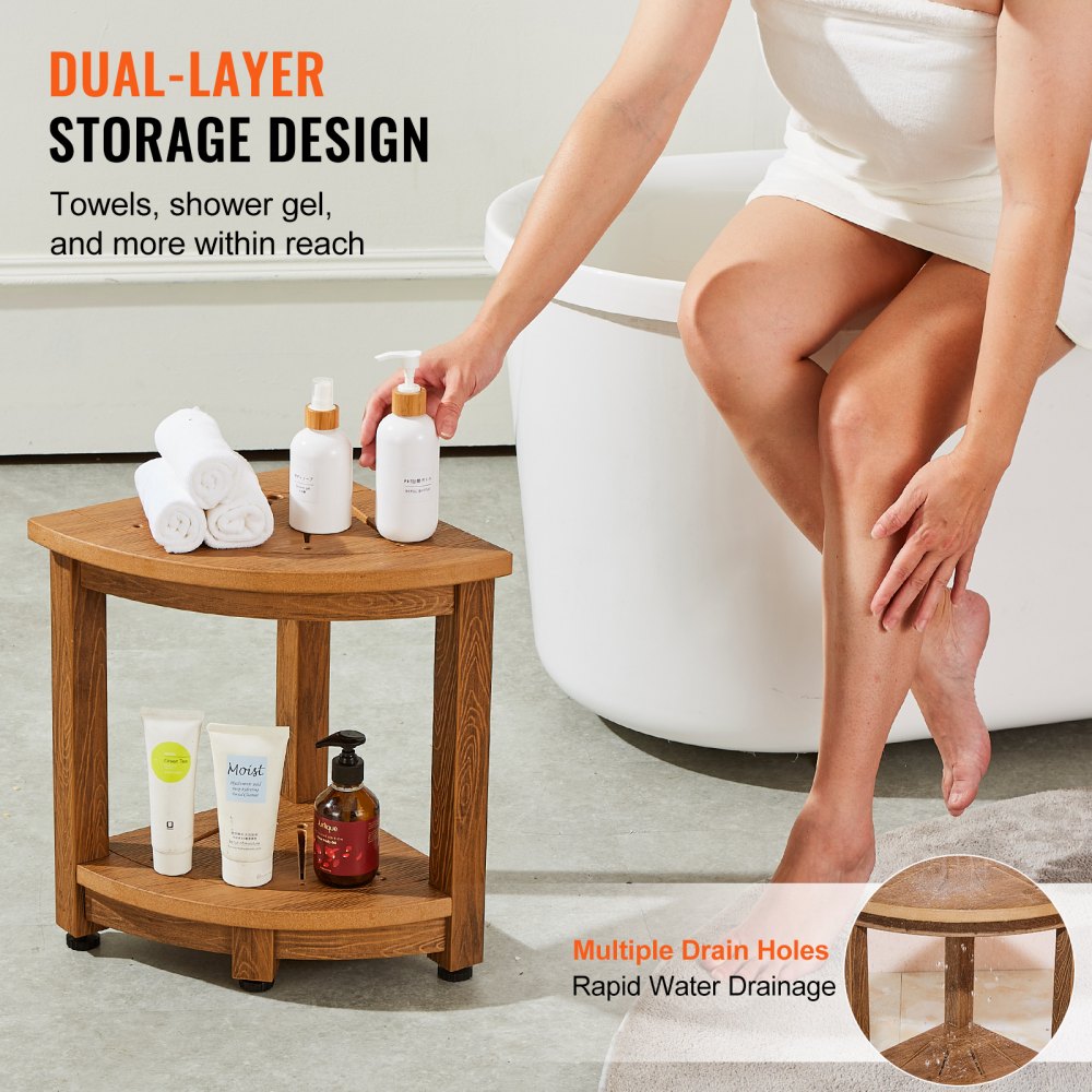 Bostome corner shower bench in faux wood polystyrene with adjustable anti-slip foot pads.
