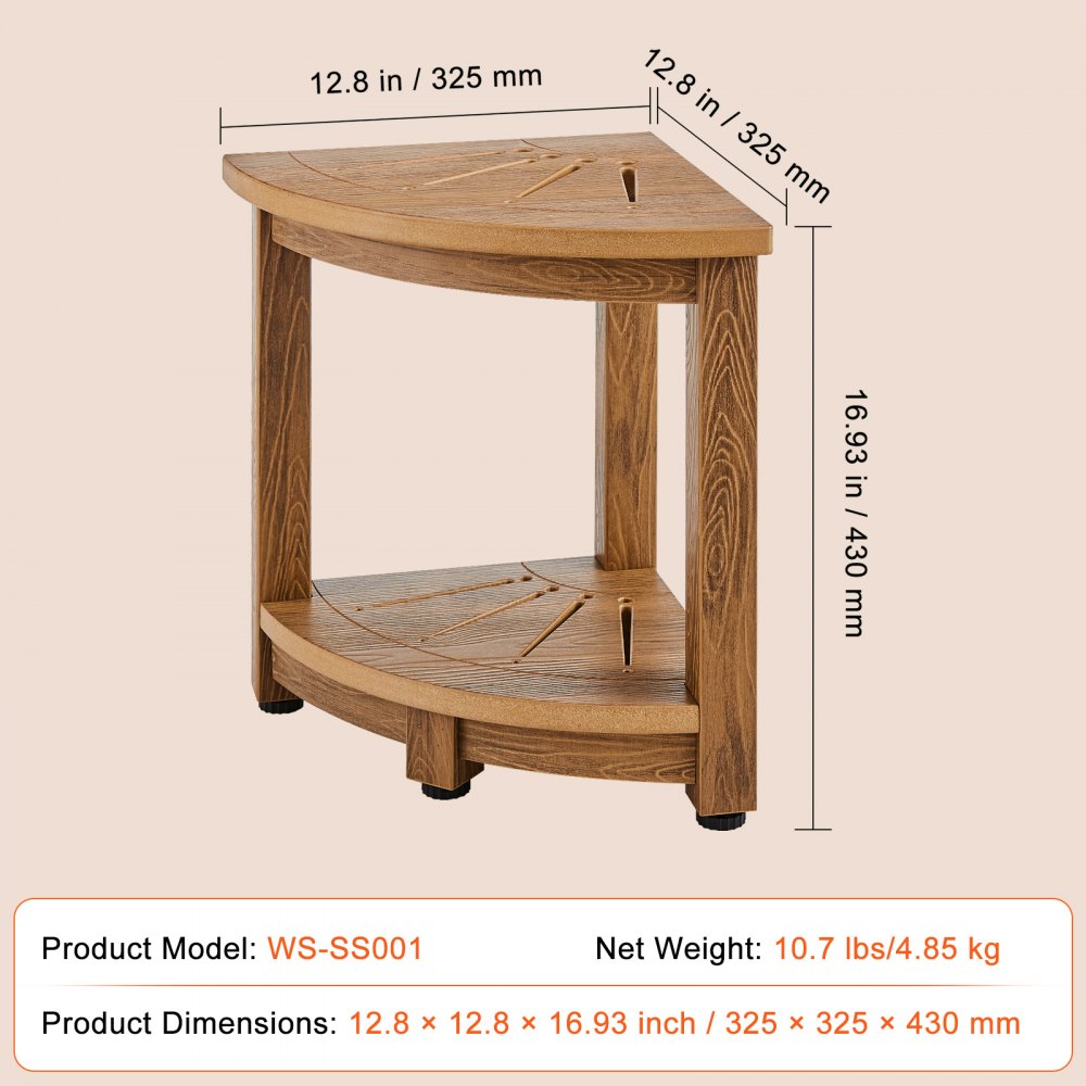 Bostome Corner Shower Bench in faux wood polystyrene with adjustable anti-slip foot pads.