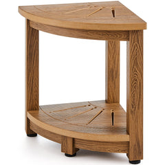Bostome Corner Shower Bench in faux wood polystyrene with adjustable anti-slip foot pads.