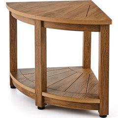 Bostome Corner Shower Bench in faux wood polystyrene with a storage shelf and drainage holes.