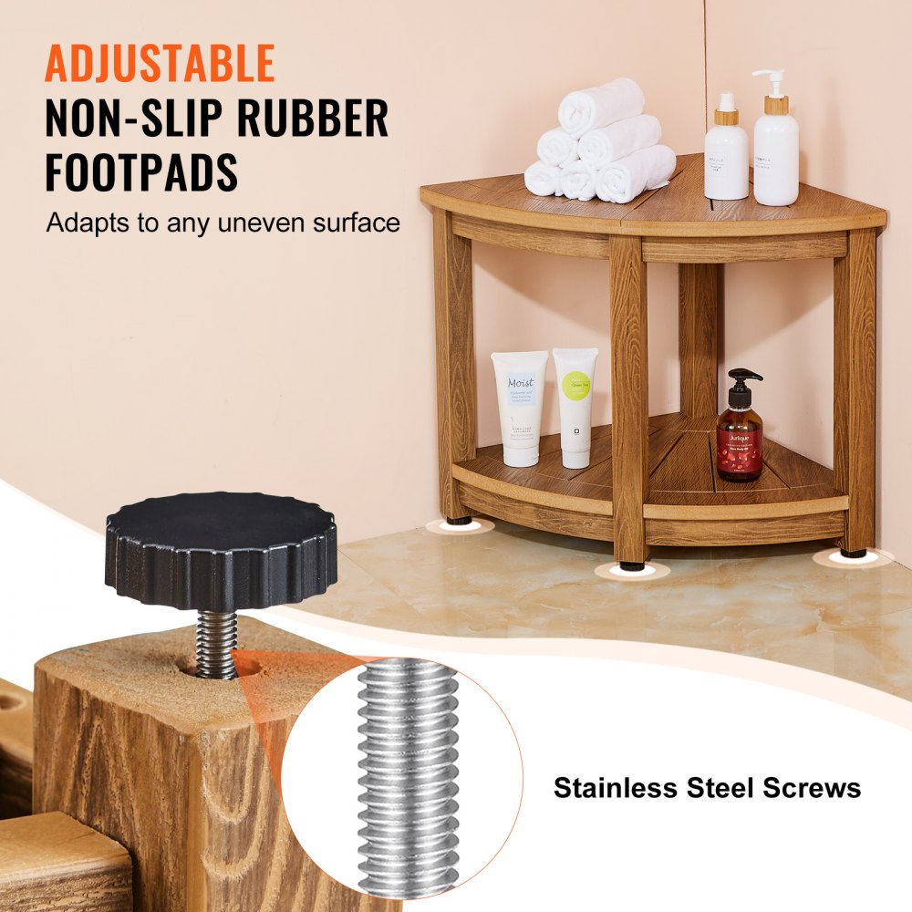 Bostome Corner Shower Bench in faux wood polystyrene with a storage shelf and drainage holes.