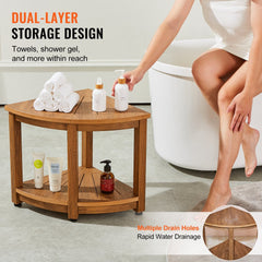 Bostome Corner Shower Bench in faux wood polystyrene with storage shelf and adjustable foot pads.
