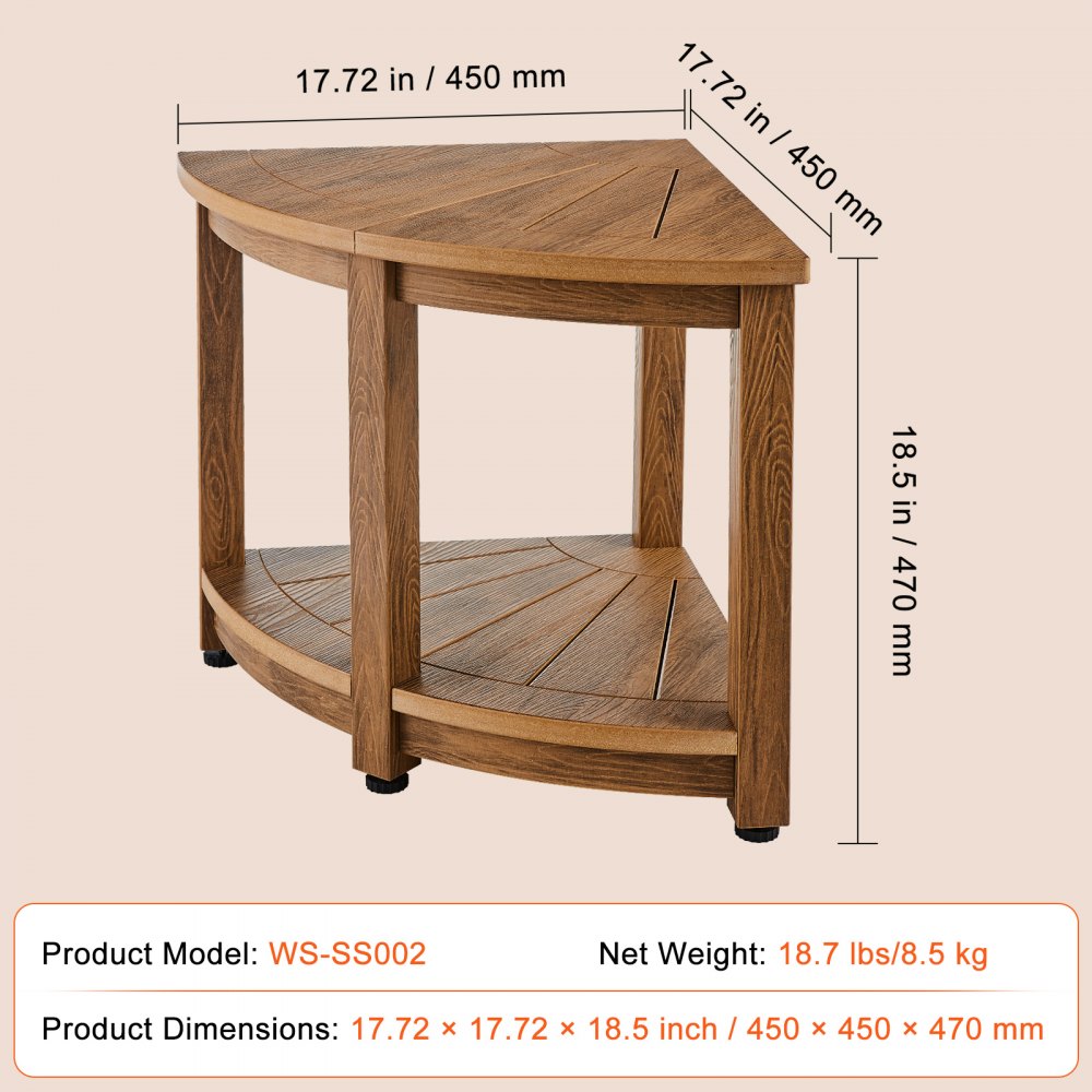 Bostome Corner Shower Bench in faux wood polystyrene with storage shelf and adjustable foot pads.