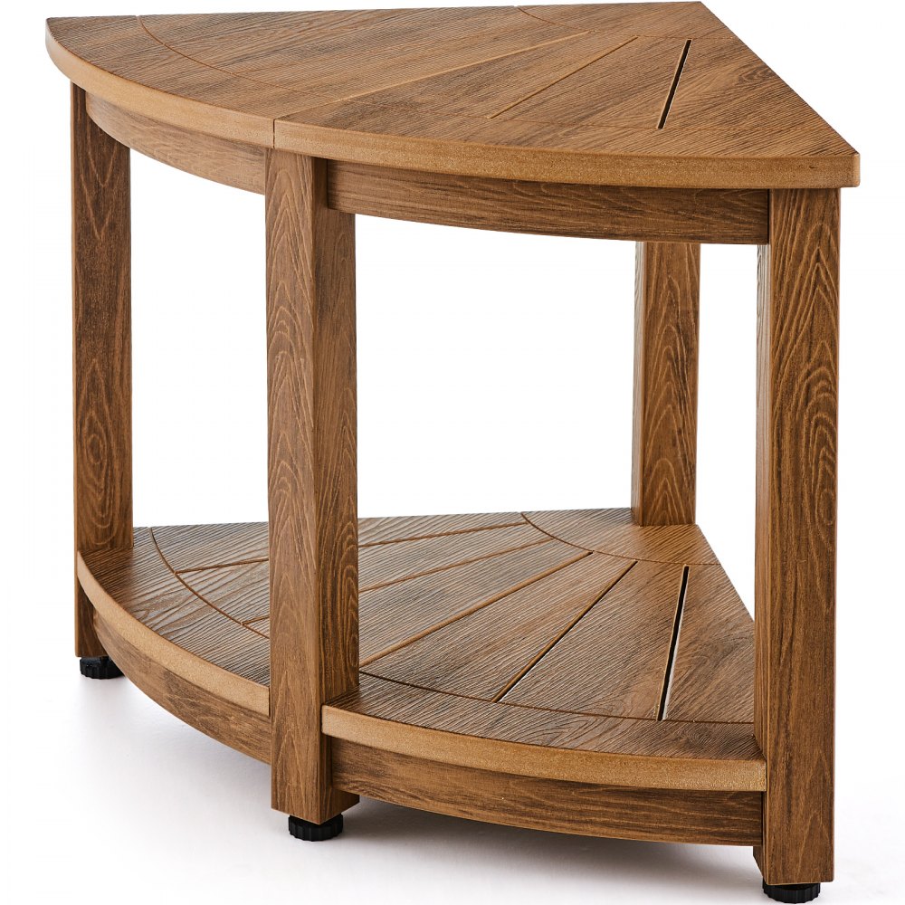 Bostome corner shower bench in faux wood polystyrene with a storage shelf and drainage holes.