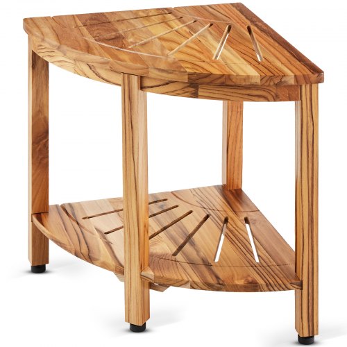 Corner Teak Shower Bench, 18.5" Height 15.5" Radius, 100% Teak Wood Corner Shower Beach, 500 LBS with Storage Shelf, Shower Stool for Inside & Outside Shower, for Bathroom