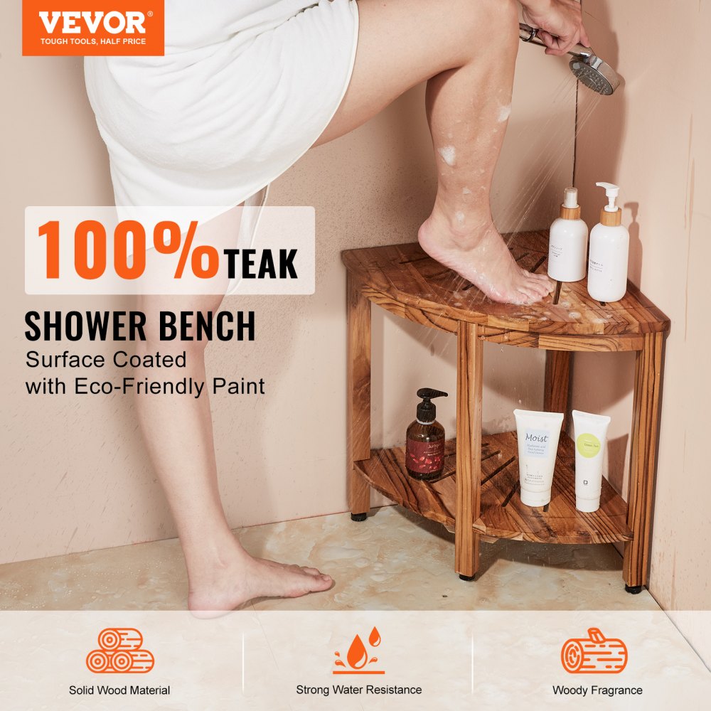 Corner Teak Shower Bench, 18.5" Height 15.5" Radius, 100% Teak Wood Corner Shower Beach, 500 LBS with Storage Shelf, Shower Stool for Inside & Outside Shower, for Bathroom