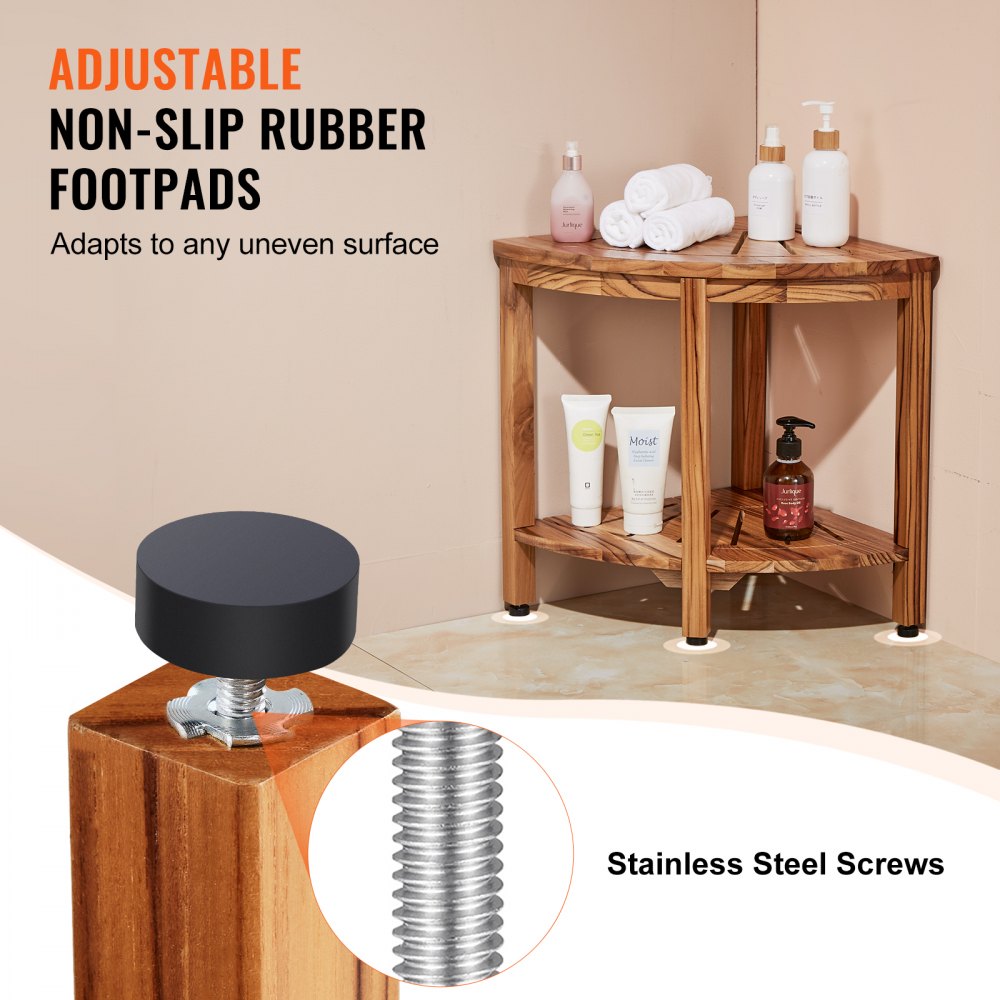Corner Teak Shower Bench, 18.5" Height 15.5" Radius, 100% Teak Wood Corner Shower Beach, 500 LBS with Storage Shelf, Shower Stool for Inside & Outside Shower, for Bathroom