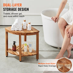 Corner Teak Shower Bench, 18.5" Height 15.5" Radius, 100% Teak Wood Corner Shower Beach, 500 LBS with Storage Shelf, Shower Stool for Inside & Outside Shower, for Bathroom