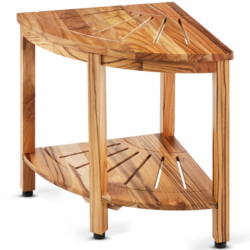 Corner Teak Shower Bench, 18.5" Height 15.5" Radius, 100% Teak Wood Corner Shower Beach, 500 LBS with Storage Shelf, Shower Stool for Inside & Outside Shower, for Bathroom