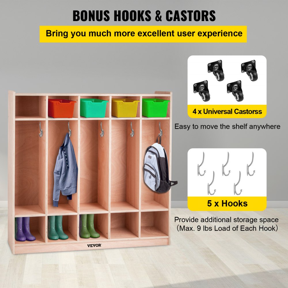 Preschool Cubby Lockers 5-Section Plywood Birch Coat Locker 15MM Thickness Kids Locker for Home 48.4 Inch High Durable Classroom Lockers for Toddlers and Kids Commercial or Personal Use