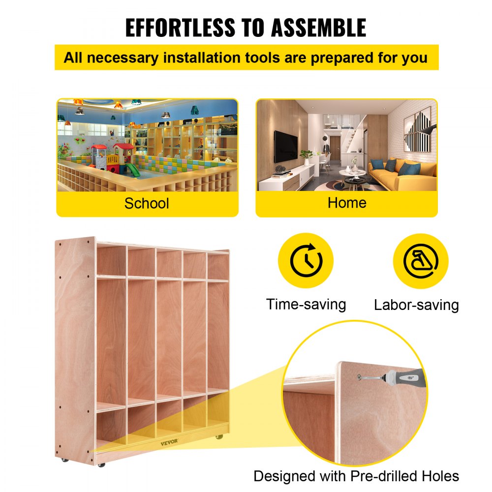 Preschool Cubby Lockers 5-Section Plywood Birch Coat Locker 15MM Thickness Kids Locker for Home 48.4 Inch High Durable Classroom Lockers for Toddlers and Kids Commercial or Personal Use