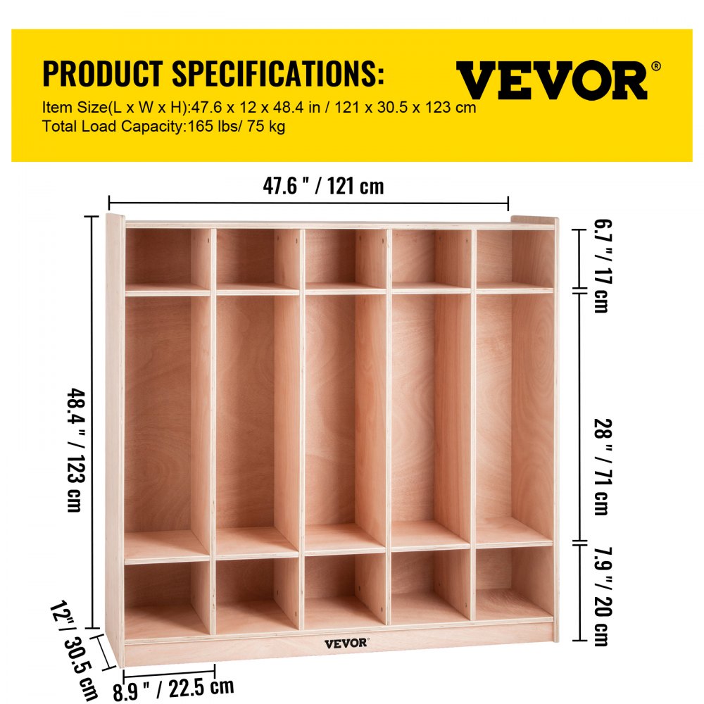 Preschool Cubby Lockers 5-Section Plywood Birch Coat Locker 15MM Thickness Kids Locker for Home 48.4 Inch High Durable Classroom Lockers for Toddlers and Kids Commercial or Personal Use