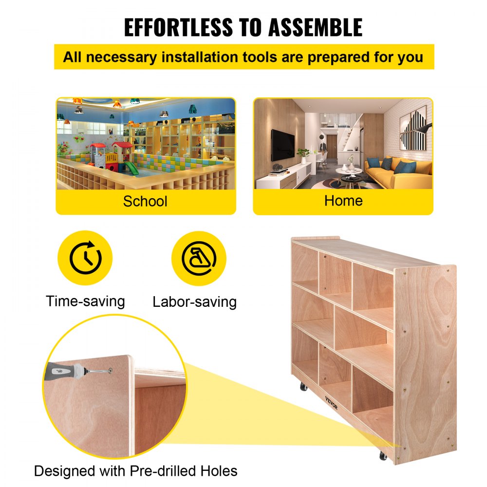 Classroom Storage Cabinet Plywood 8-Section Preschool Storage Shelves 36 Inch High Classroom Cabinet Storage with Casters