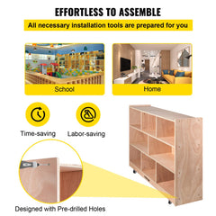 Classroom Storage Cabinet Plywood 8-Section Preschool Storage Shelves 36 Inch High Classroom Cabinet Storage with Casters