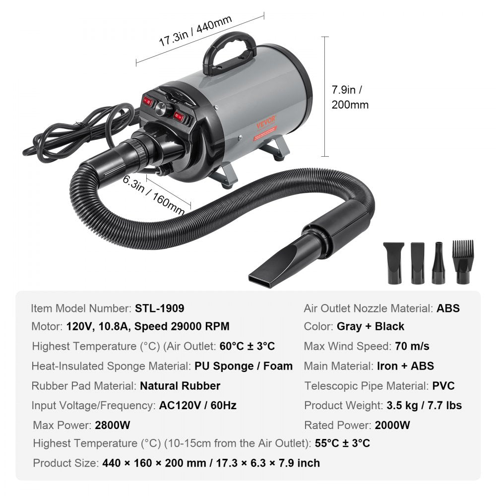 Bostome Dog Grooming Dryer in grey and black with adjustable speed and temperature settings.