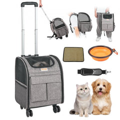 Gray Bostome rolling pet carrier backpack with 18 lbs capacity, mesh windows, wheels, and accessories.