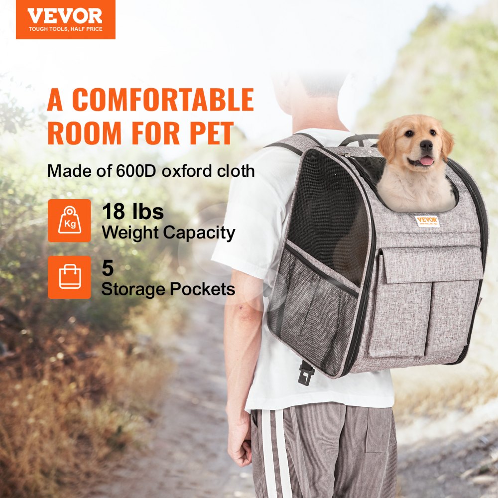 Gray Bostome rolling pet carrier backpack with 18 lbs capacity, mesh windows, wheels, and storage pockets.
