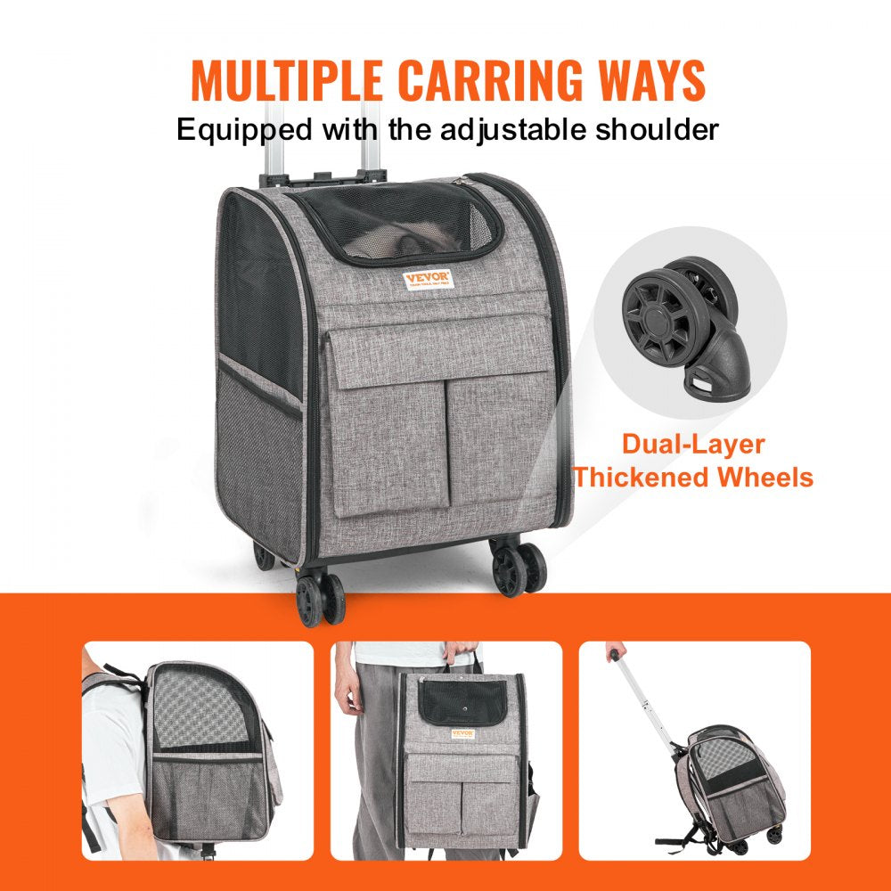 Gray Bostome rolling pet carrier backpack with wheels, mesh panels, and 18 lbs capacity.
