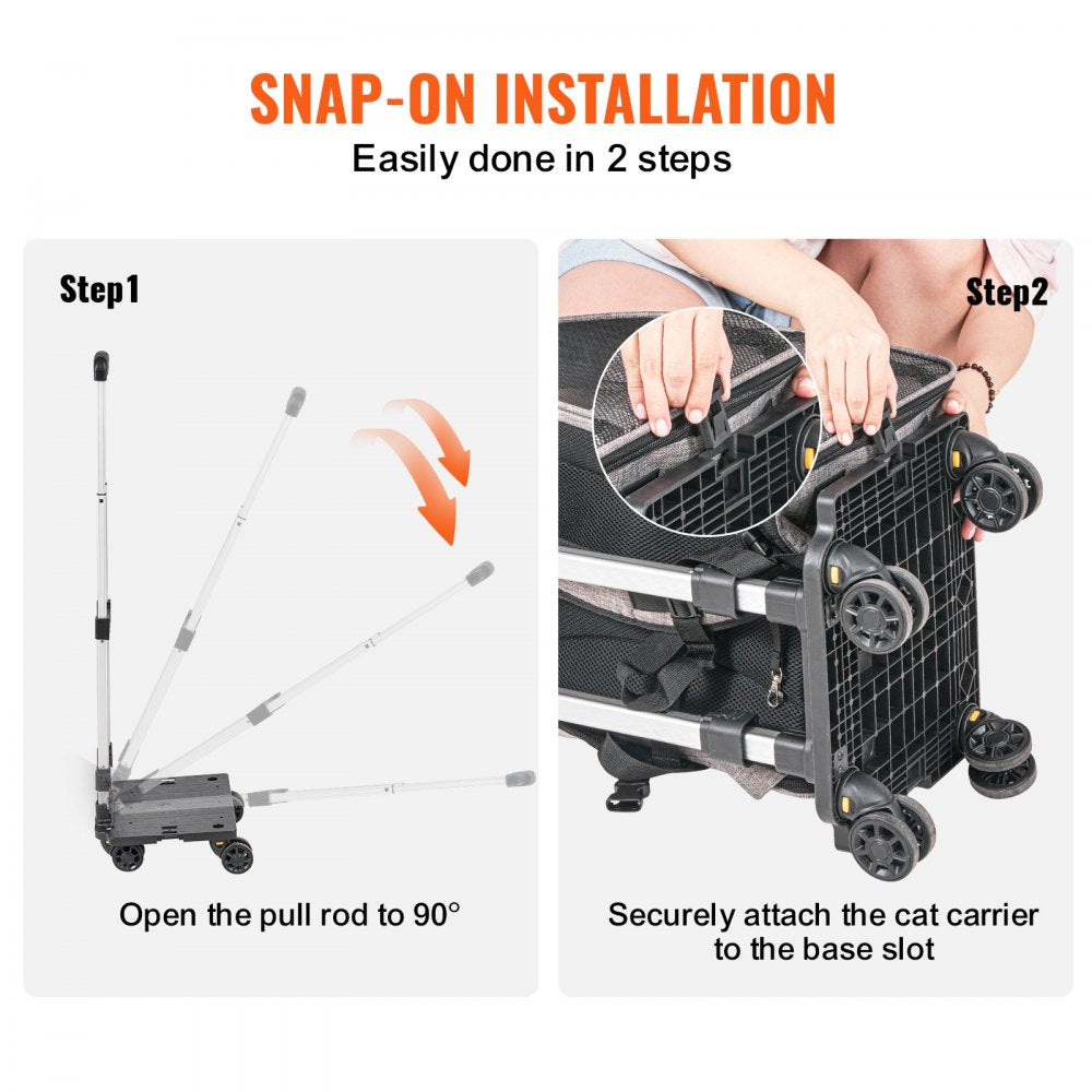 Diagram showing two-step snap-on installation for gray rolling pet carrier backpack with pull rod and base attachment.