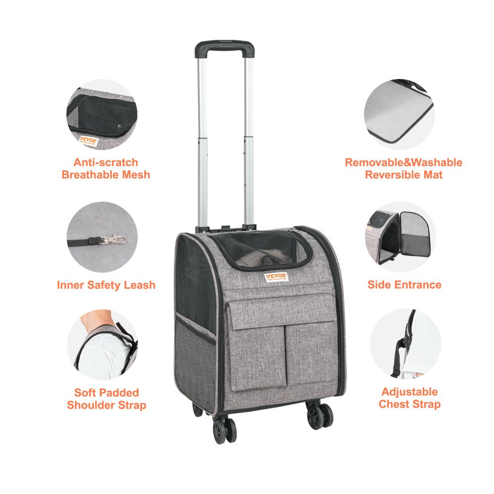 Gray Bostome rolling pet carrier backpack with mesh windows, wheels, and 18 lbs capacity.