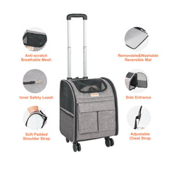 Gray Bostome rolling pet carrier backpack with mesh windows, wheels, and 18 lbs capacity.