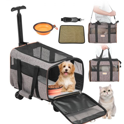 Grey rolling cat carrier with wheels, airline approved for cats up to 22 lbs.