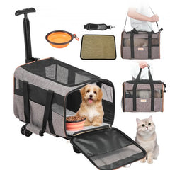 Grey rolling cat carrier with wheels, airline approved for cats up to 22 lbs.