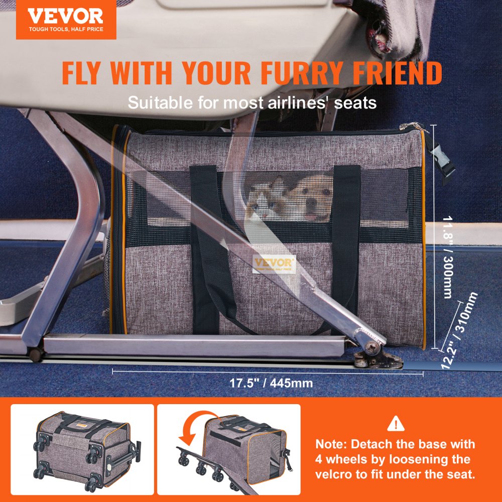 Grey rolling cat carrier with wheels, airline-approved, sized 17.5x12.2x11.8 inches for under-seat fit.