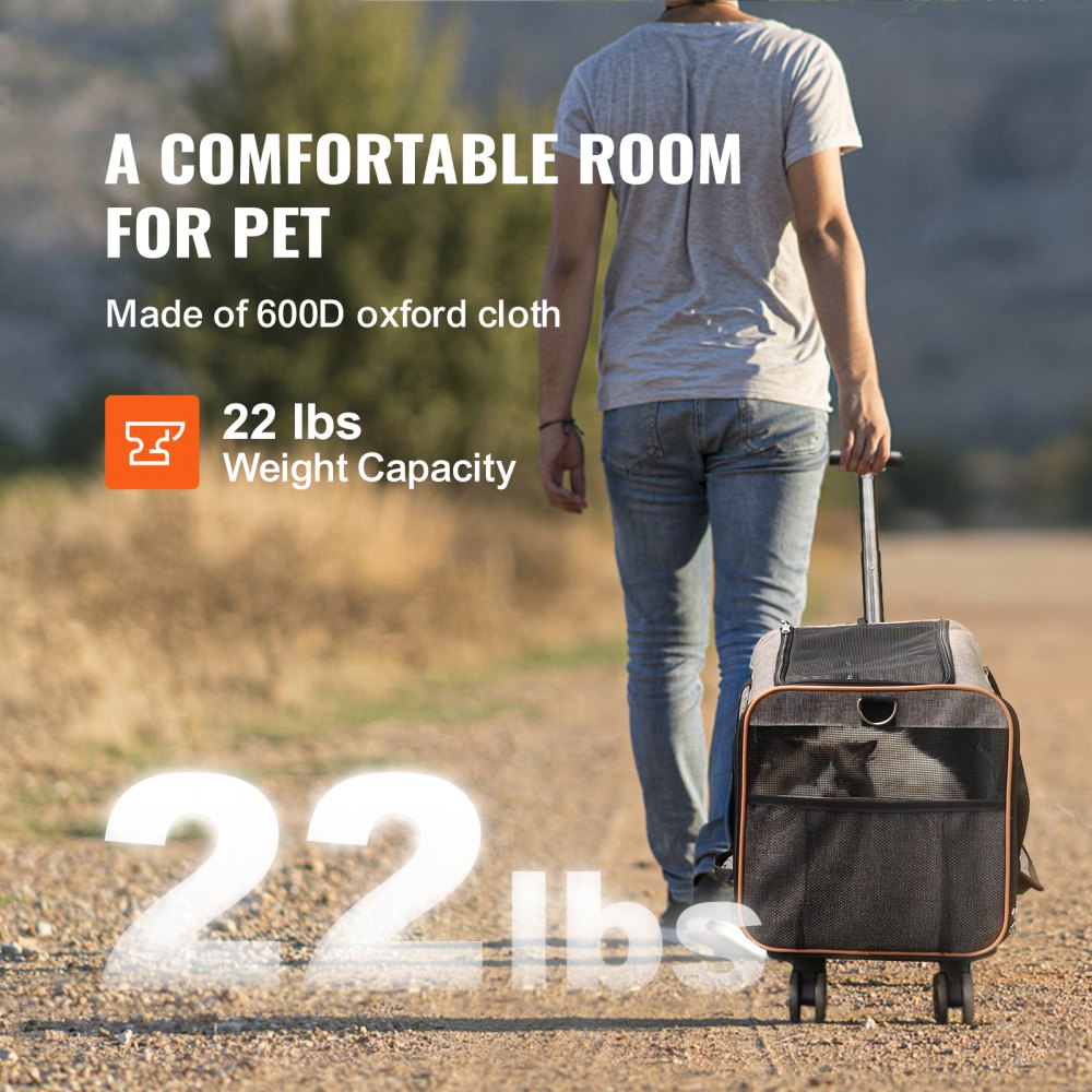 A grey rolling cat carrier with wheels, made of 600D Oxford cloth, supporting up to 22 lbs.