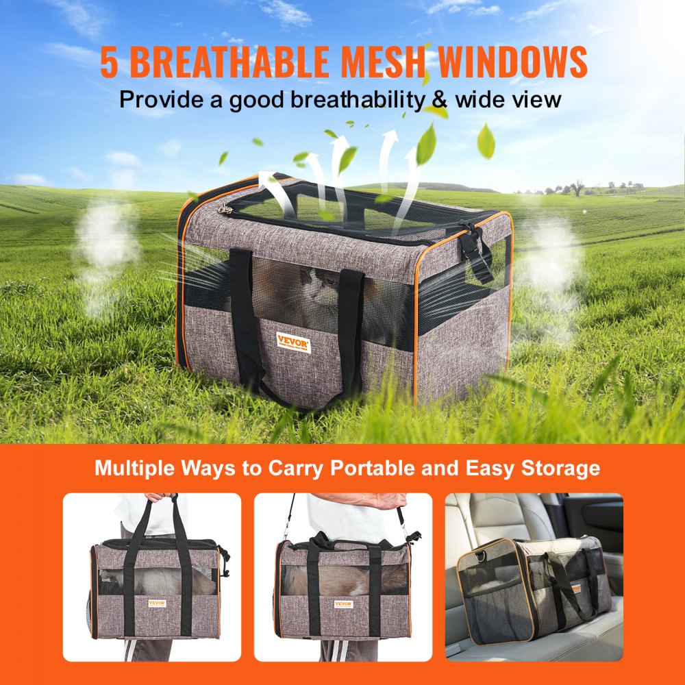 Grey rolling cat carrier with wheels, five mesh windows, and multiple carrying options.