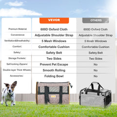 Grey rolling cat carrier with wheels, adjustable straps, mesh vents, and safety belt.