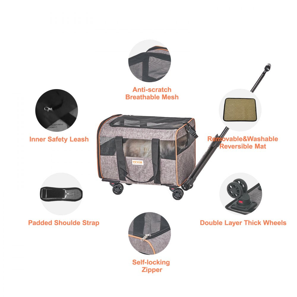Grey rolling cat carrier with wheels, mesh panels, safety leash, and adjustable handle.