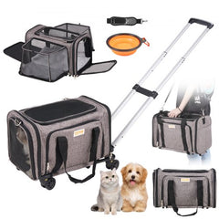 Grey rolling pet carrier with mesh windows, adjustable pull rod, and 360° wheels for travel.
