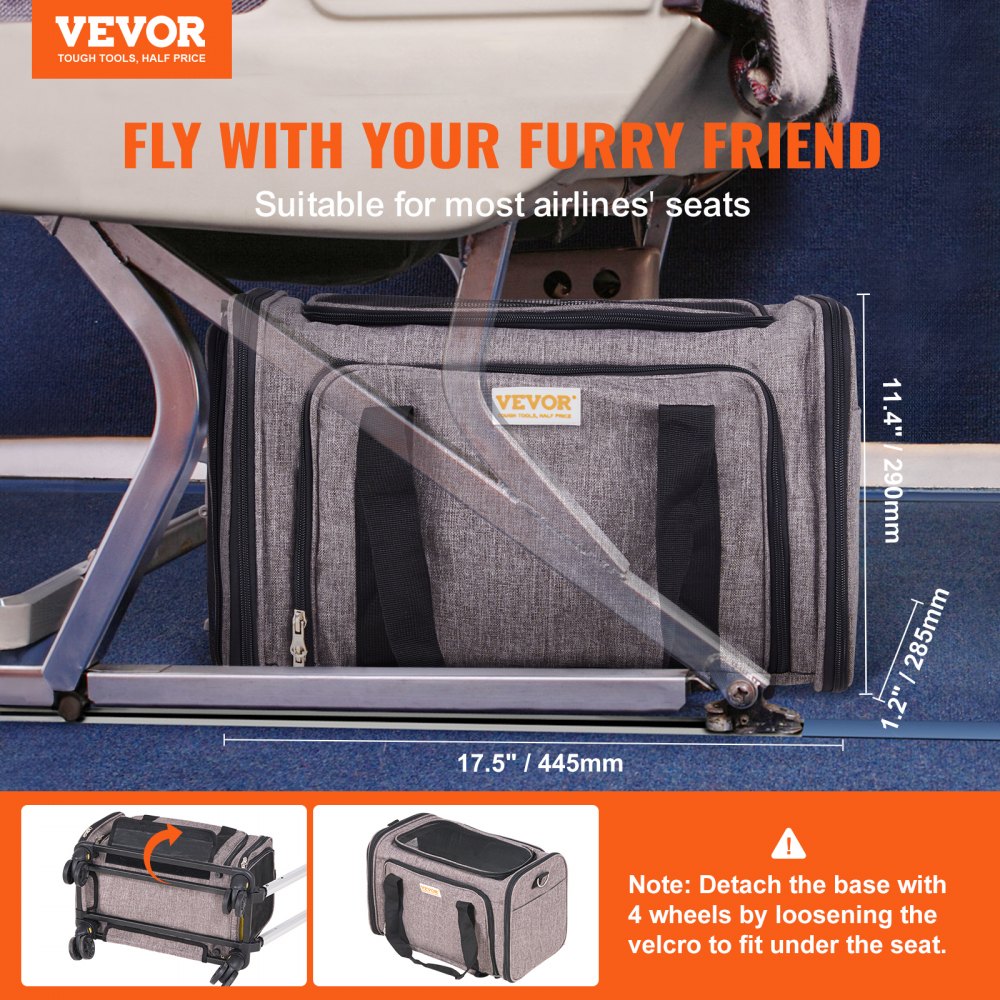 Grey rolling pet carrier with mesh windows, adjustable pull rod, and smooth 360° wheels.