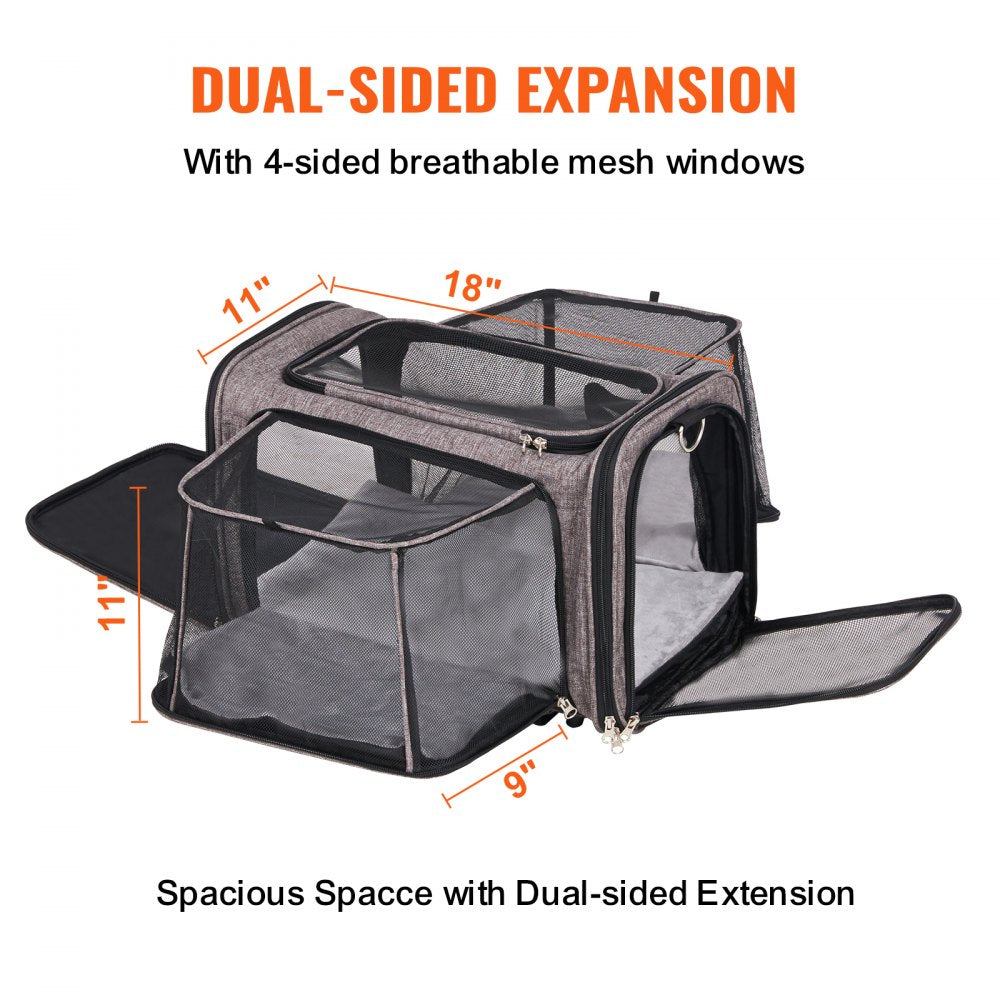 Grey rolling pet carrier with mesh windows and smooth wheels for cats and dogs.