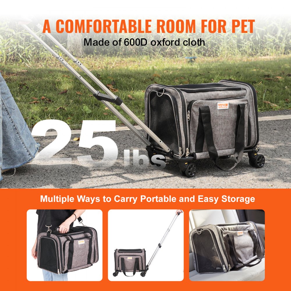 Grey rolling pet carrier for cats and dogs with breathable mesh and smooth wheels.