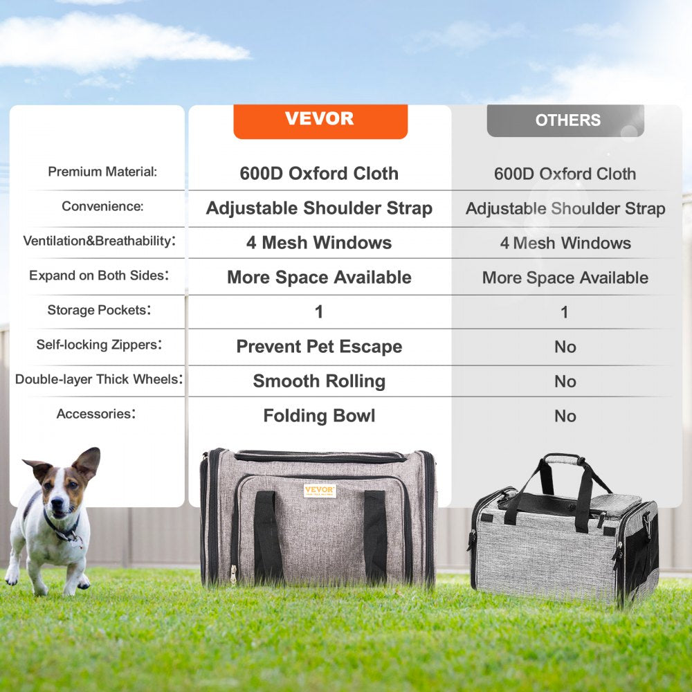 Grey rolling pet carrier with mesh windows and smooth wheels for cats and dogs.