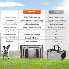 Grey rolling pet carrier with mesh windows and smooth wheels for cats and dogs.
