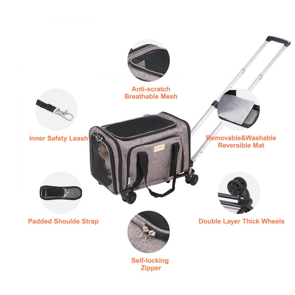 Grey rolling pet carrier with mesh windows and 360° wheels for cats and dogs.